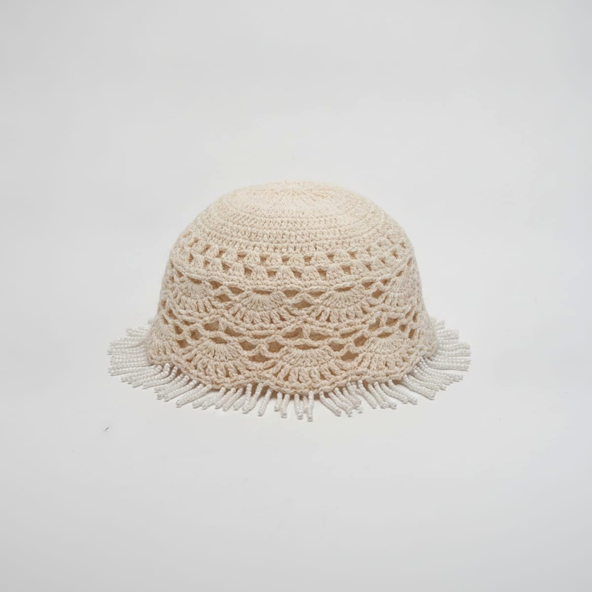 Cappello donna cuffia crochet con fili perline - Bianco panna
