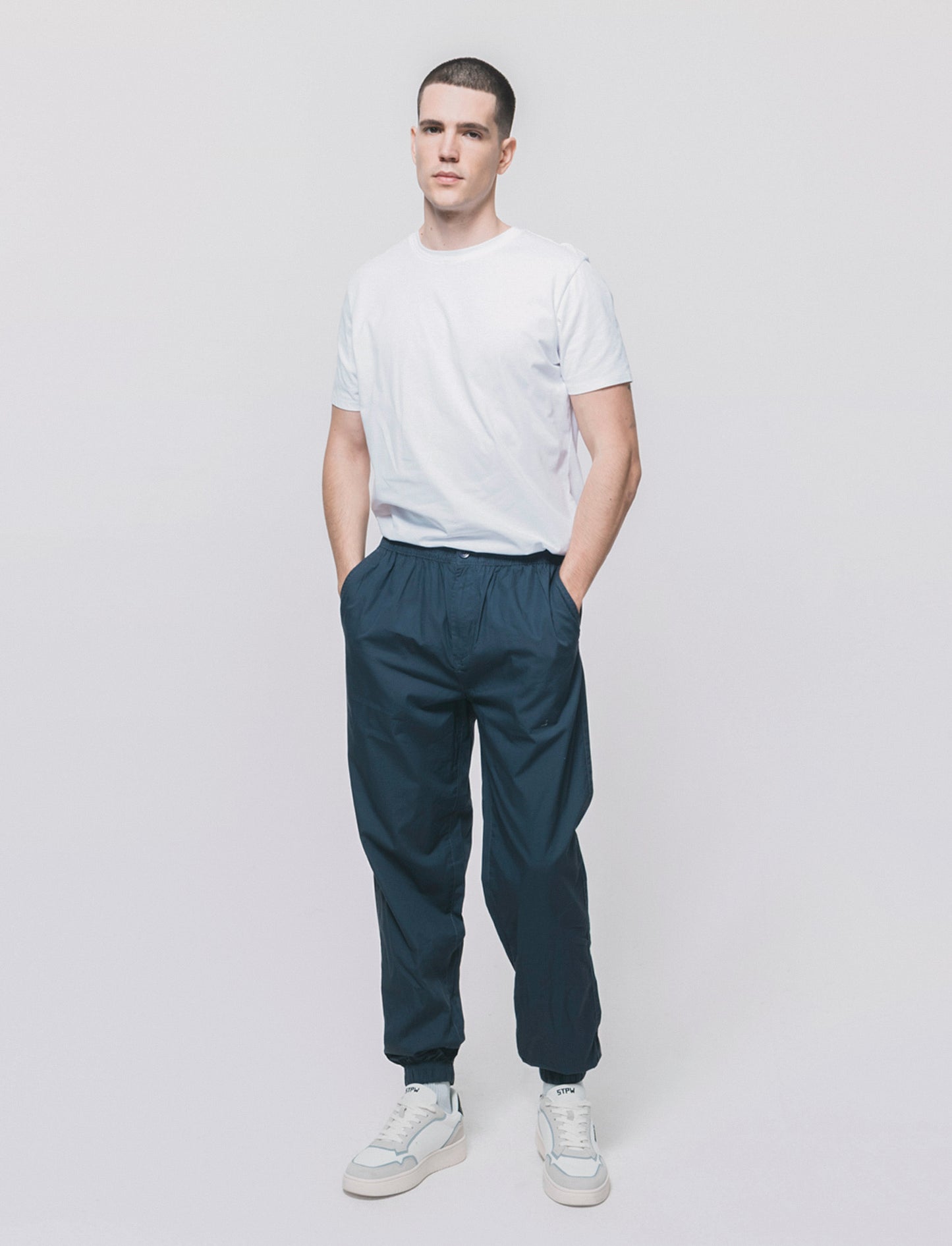 Cotton Jogger Pants with Elastic Waistband - Blue