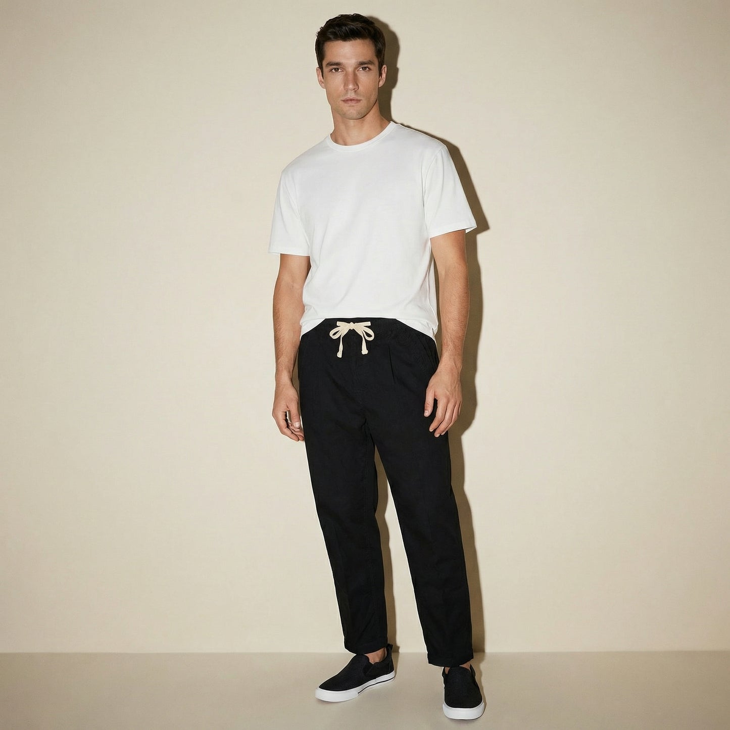 Pantaloni jogger in misto lino con tasche - Nero
