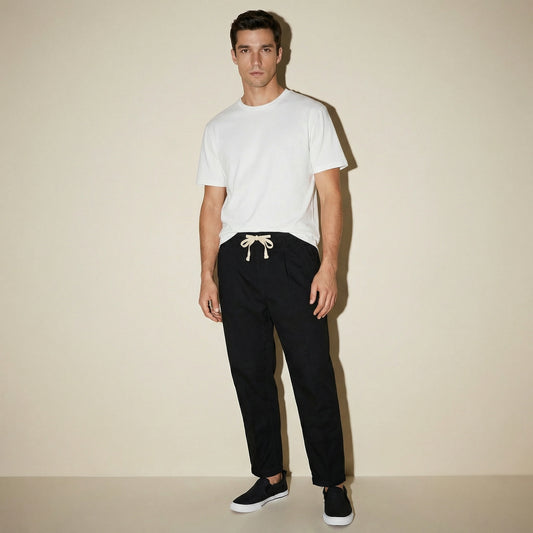 Pantaloni jogger in misto lino con tasche - Nero