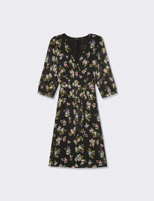 Printed Midi Dress with 3/4 Sleeves and Elastic Waistband -