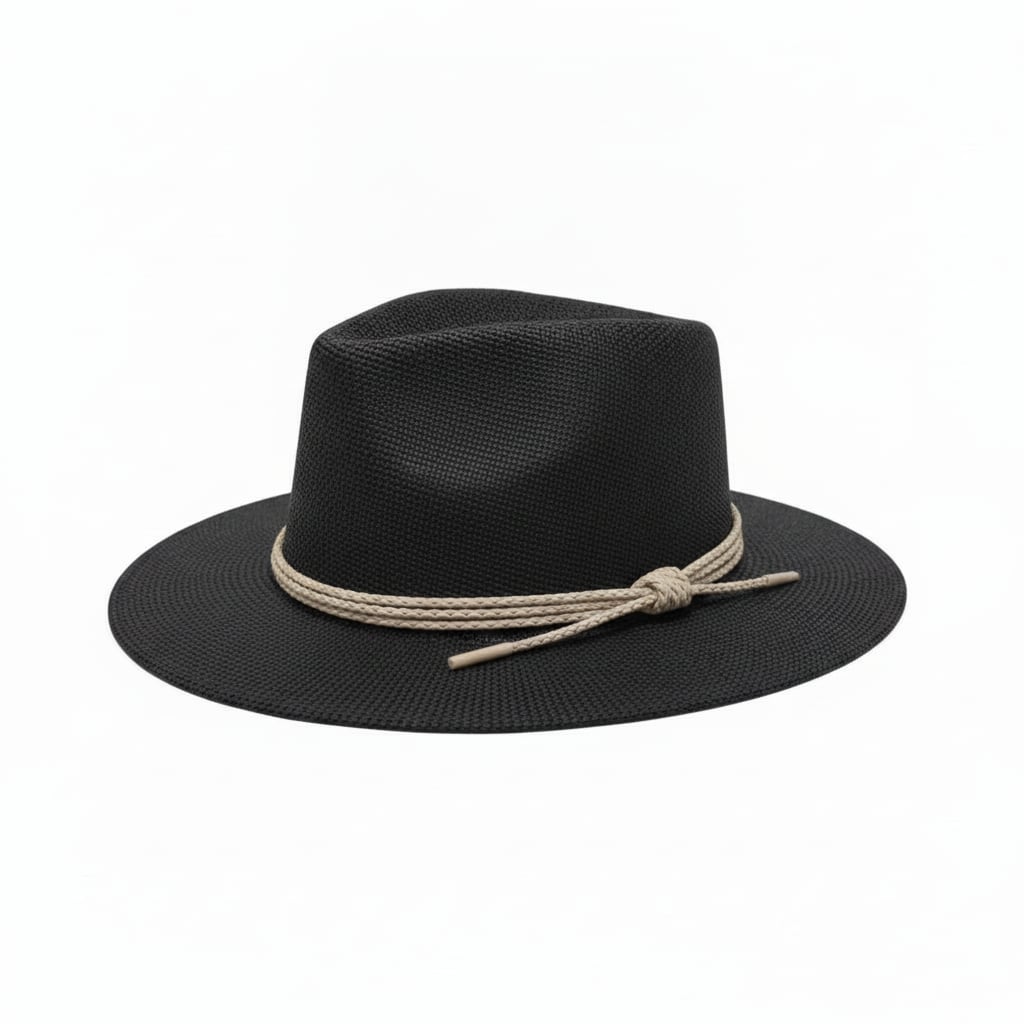 Cappello uomo falda larga paglia con cordoncino - Nero