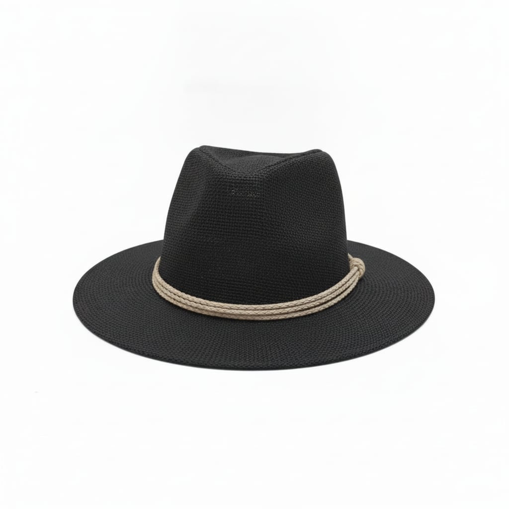 Cappello uomo falda larga paglia con cordoncino - Nero
