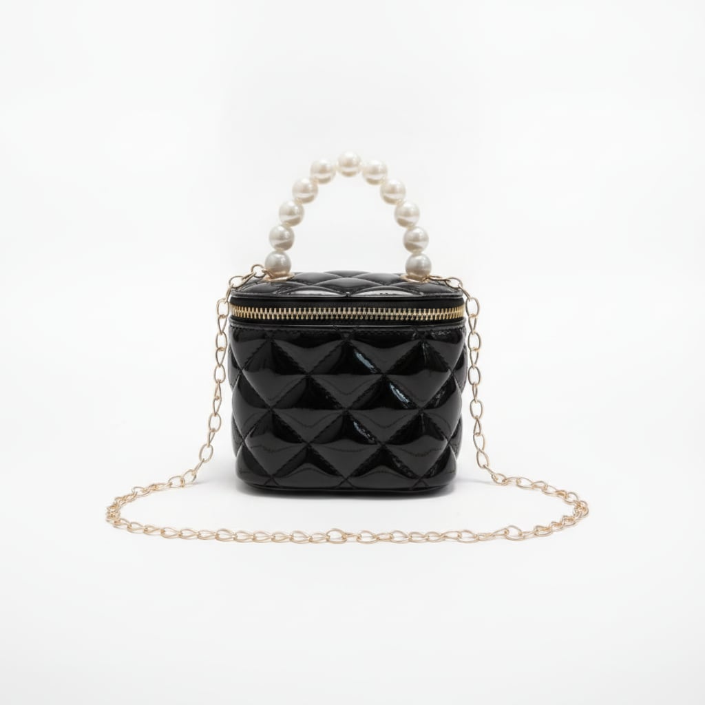 Bauletto bambina manico perle trapuntato - Nero