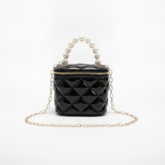 Bauletto bambina manico perle trapuntato - Nero