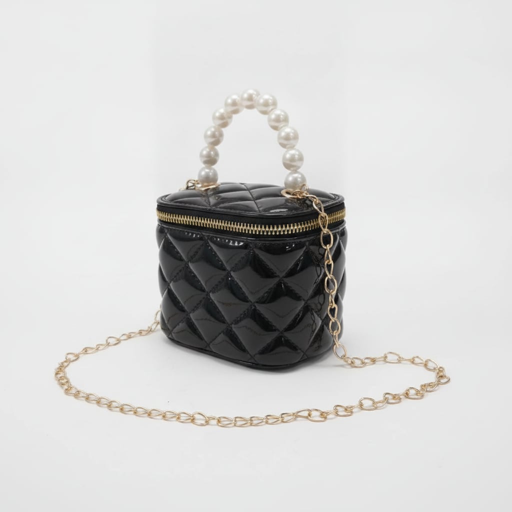 Bauletto bambina manico perle trapuntato - Nero