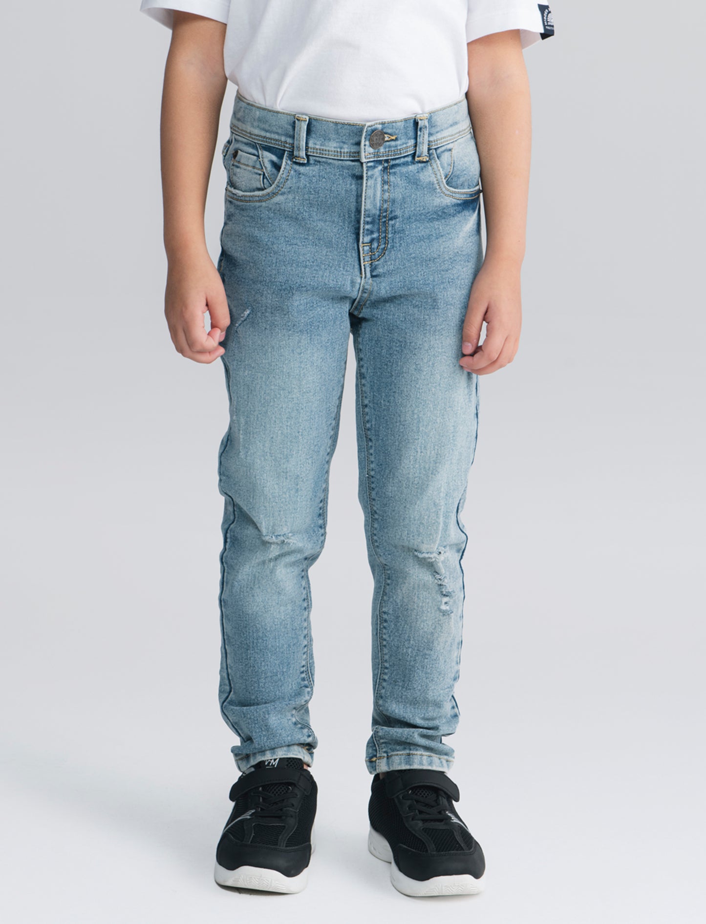 5-pocket jeans with distressing and elastic waist - Blue