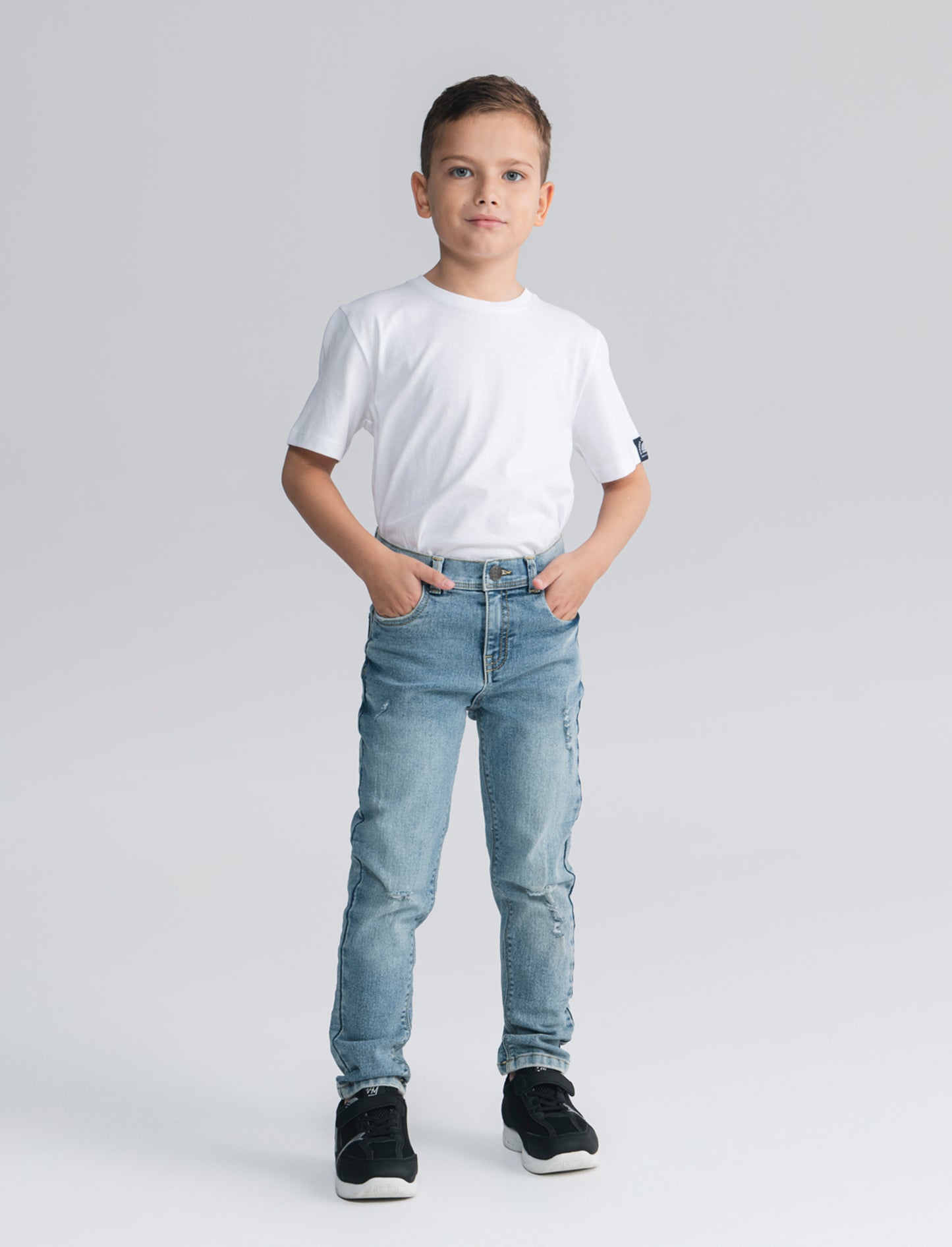 5-pocket jeans with distressing and elastic waist - Blue