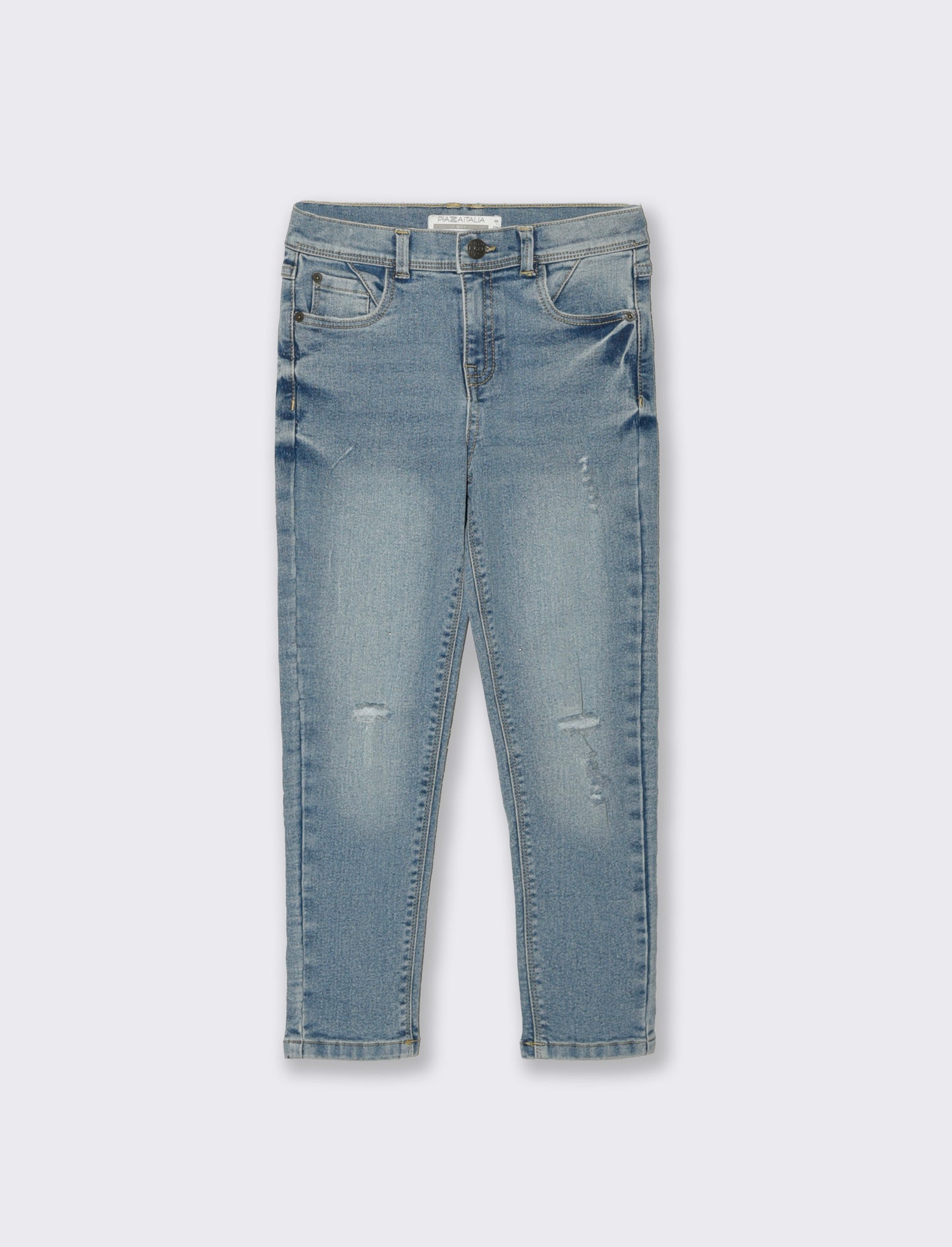 5-pocket jeans with distressing and elastic waist - Blue
