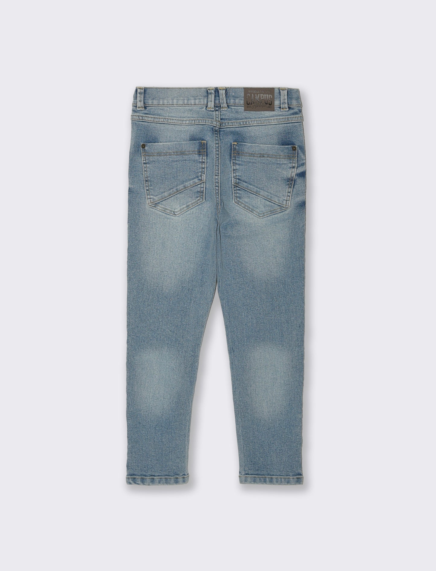 5-pocket jeans with distressing and elastic waist - Blue