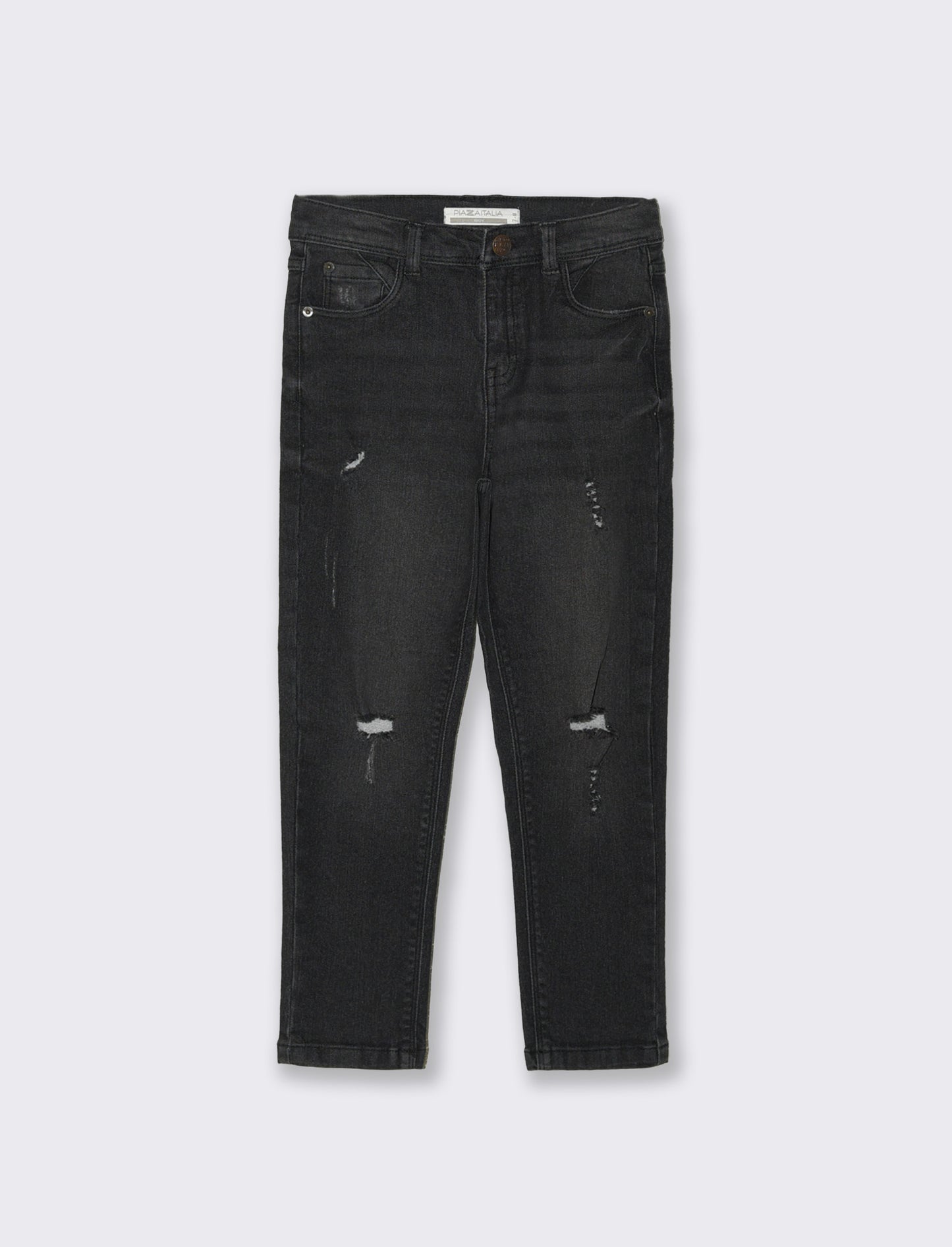 Jeans 5 tasche con rotture e vita elastica - Nero