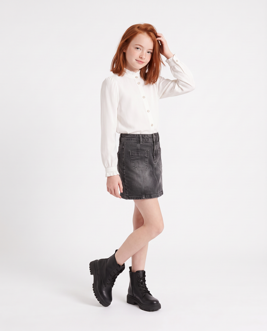 Camicia con colletto coreano e rouches - Bianco