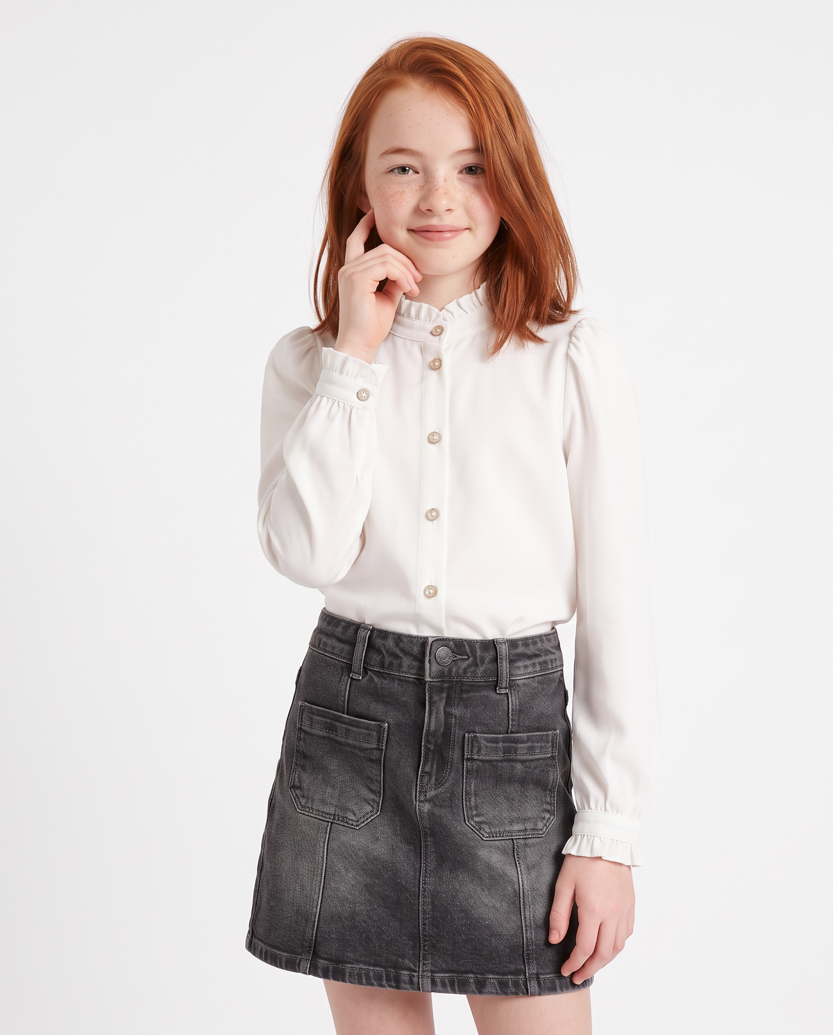 Camicia con colletto coreano e rouches - Bianco