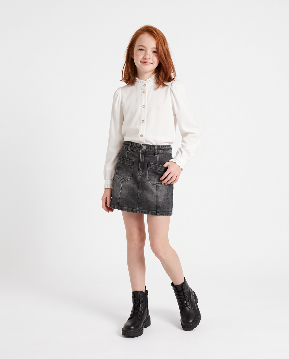 Camicia con colletto coreano e rouches - Bianco