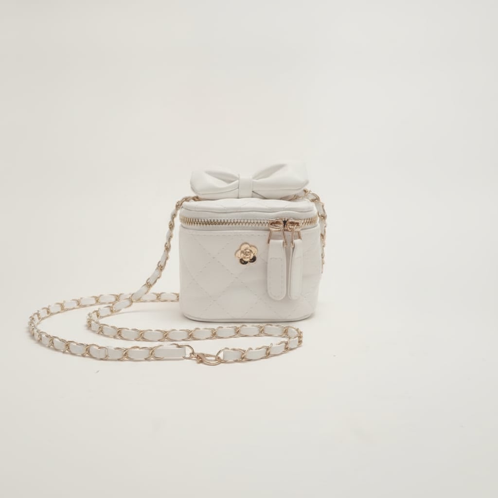 Secchiello borsa bambina trapuntato con fiocco e tracolla - Bianco
