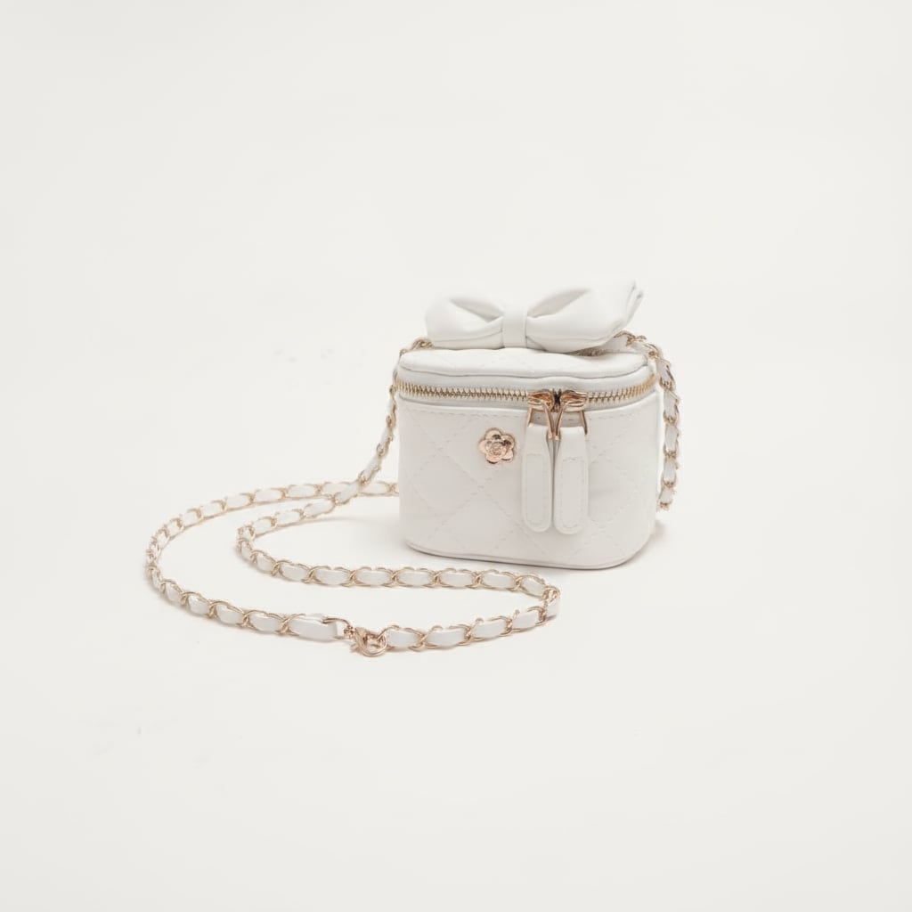 Secchiello borsa bambina trapuntato con fiocco e tracolla - Bianco