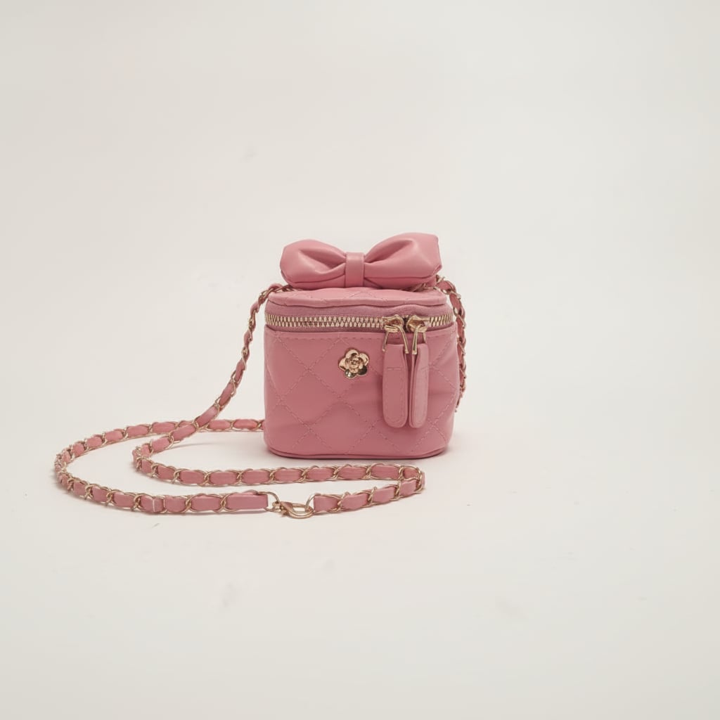 Secchiello borsa bambina trapuntato con fiocco e tracolla - Rosa