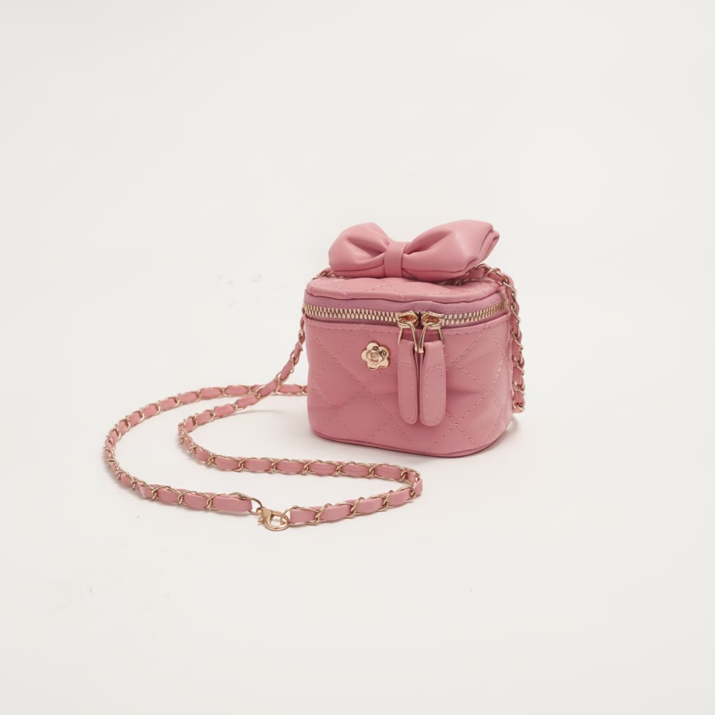Secchiello borsa bambina trapuntato con fiocco e tracolla - Rosa