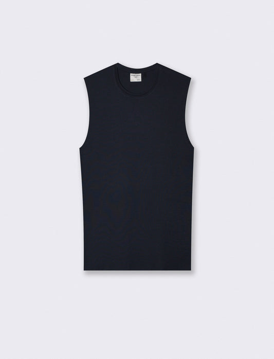 T-shirt slim fit senza maniche a coste - Blu