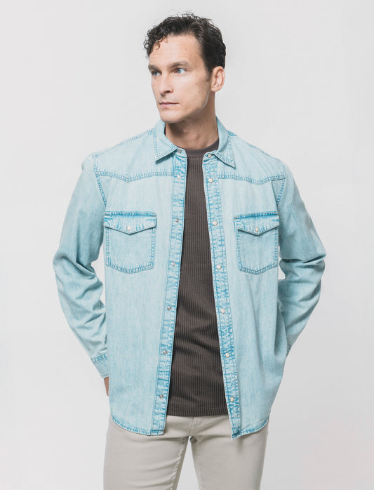 Regular fit denim shirt with pockets - Blue