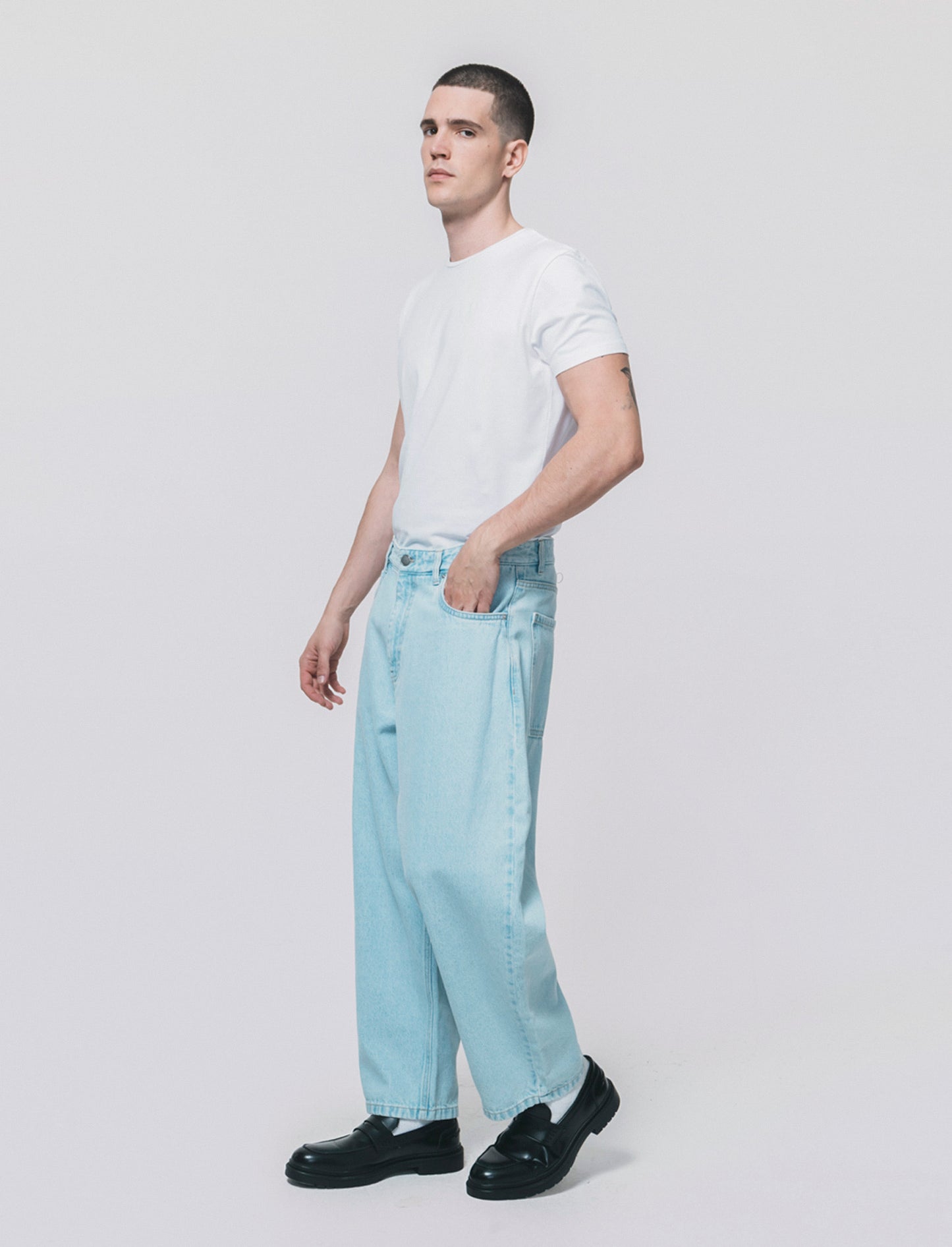 Jeans Tapered Wide Leg Effetto Slavato - Denim chiaro