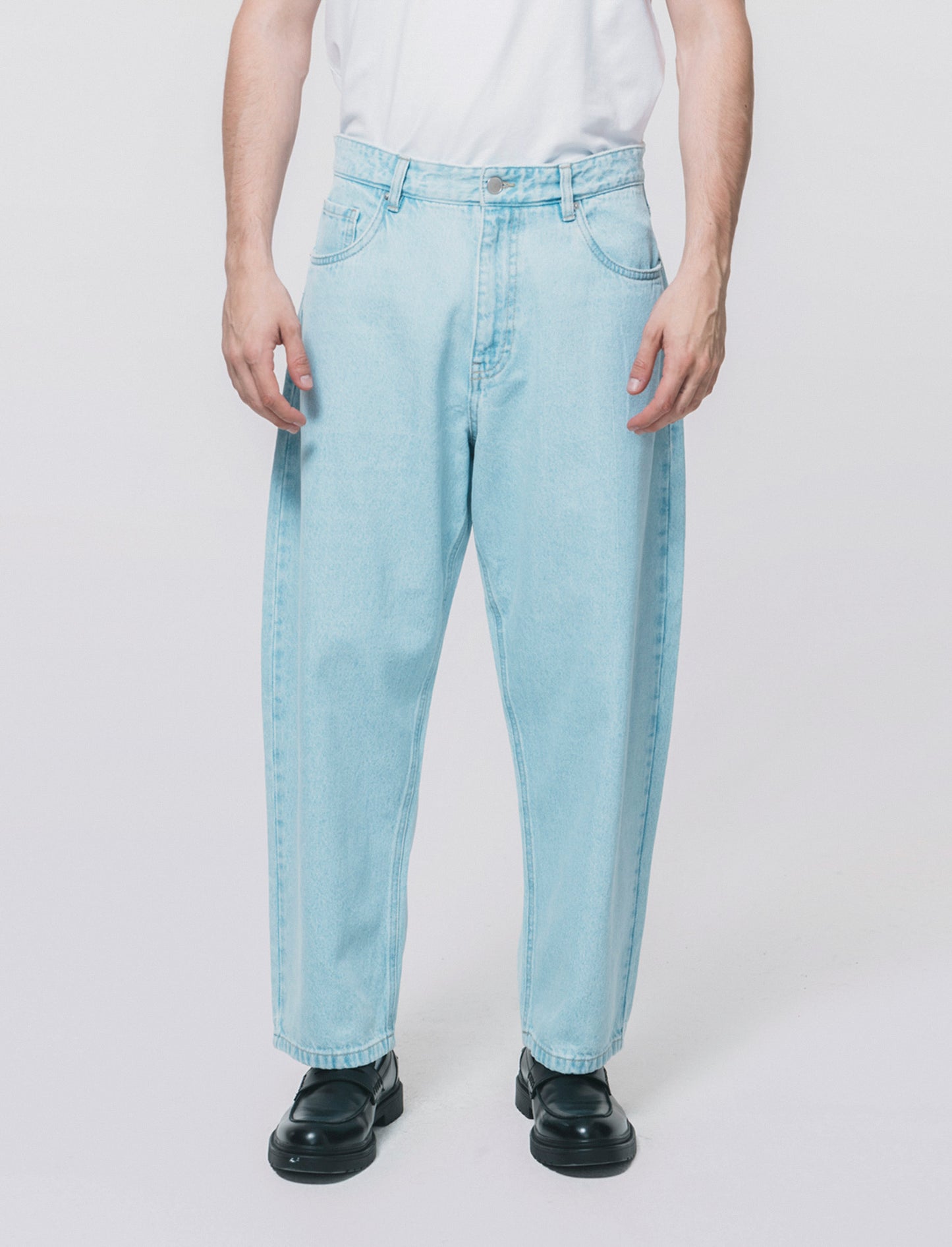 Jeans Tapered Wide Leg Effetto Slavato - Denim chiaro