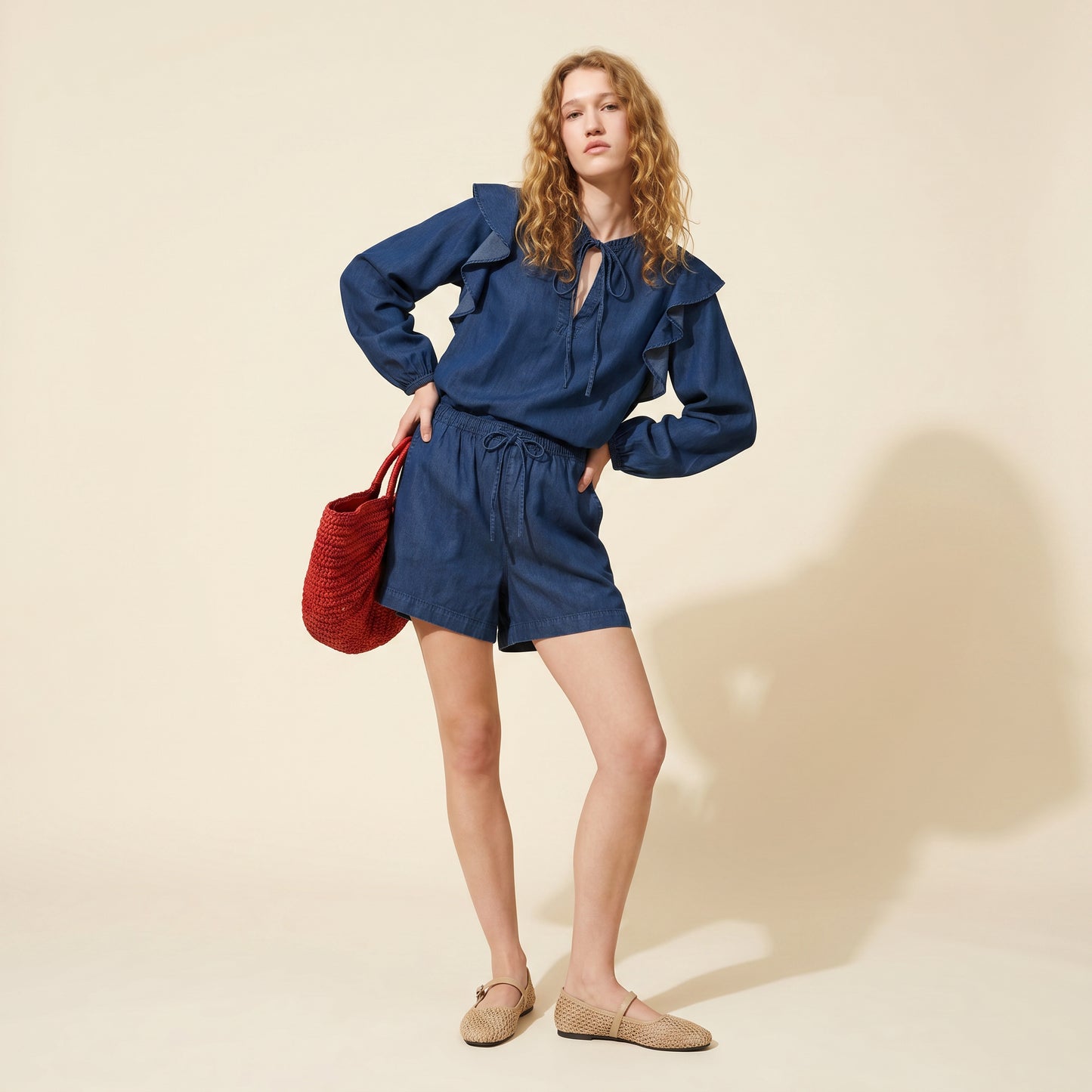 Shorts in lyocell with gathered waist - Blue