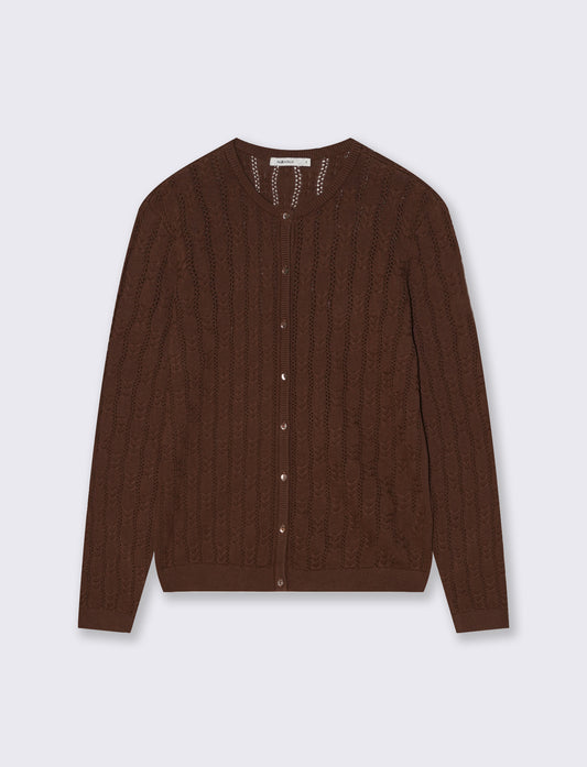 Cardigan Girocollo a Treccia - Marrone