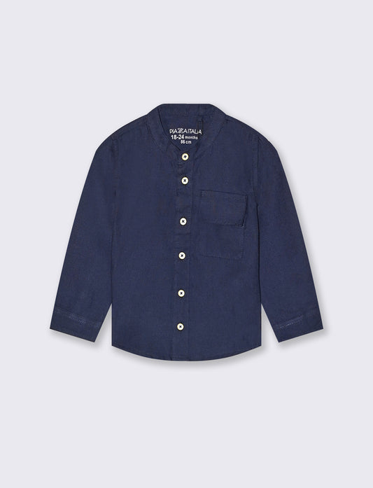 Camicia coreana manica lunga tinta unita - Blu