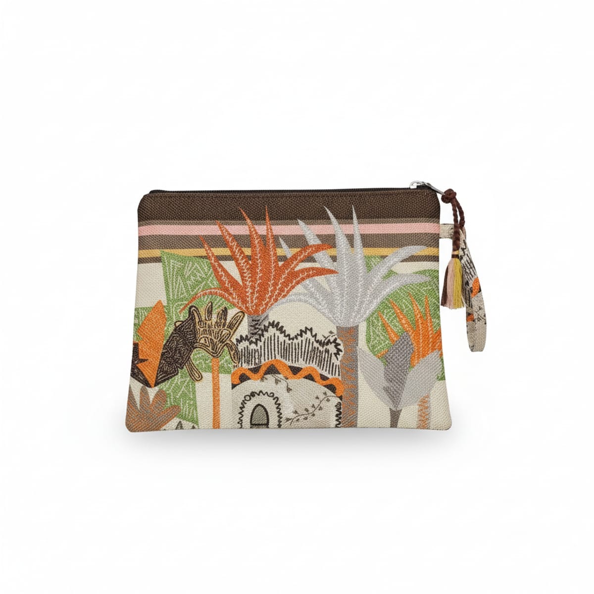 Pochette borsa donna con zip e manico tessuto stampato - Moro