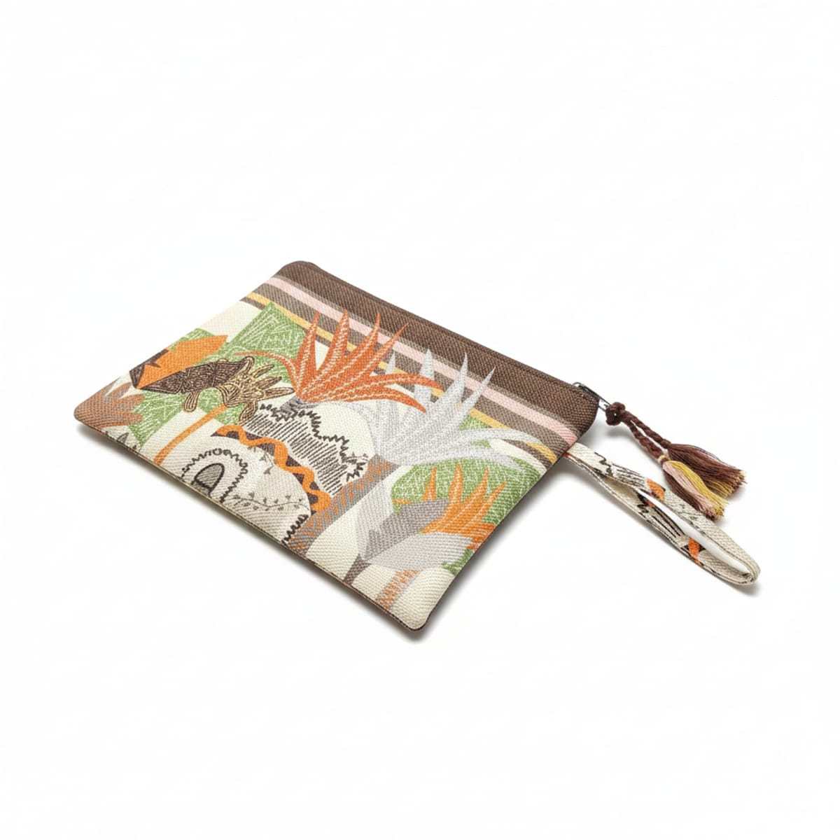 Pochette borsa donna con zip e manico tessuto stampato - Moro
