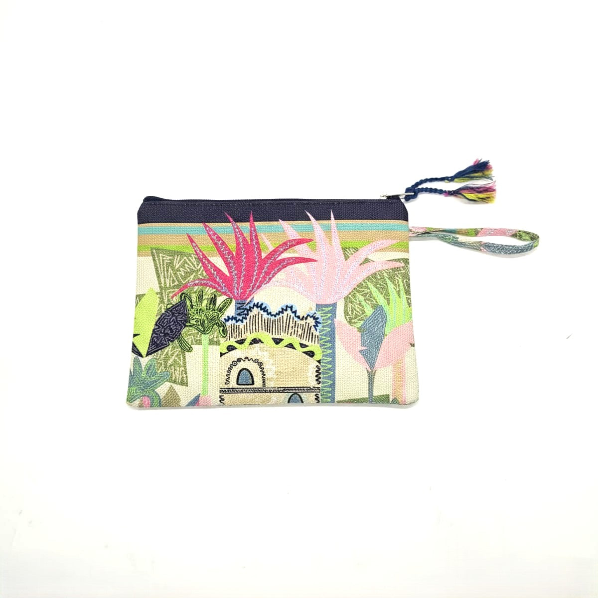 Pochette borsa donna con zip e manico tessuto stampato - Blu