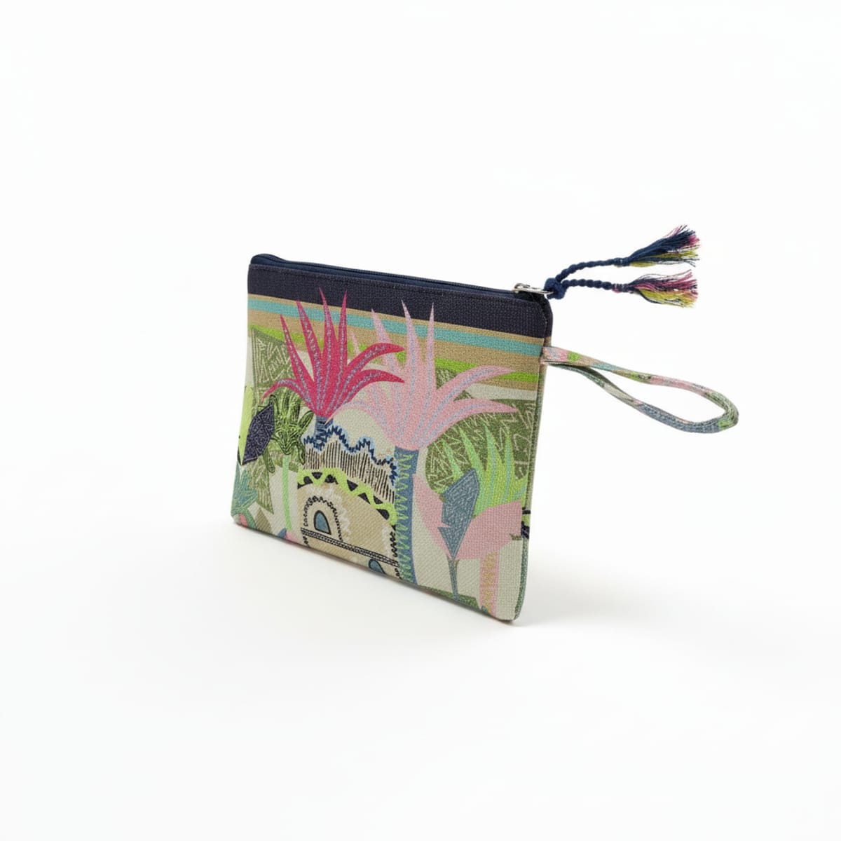 Pochette borsa donna con zip e manico tessuto stampato - Blu