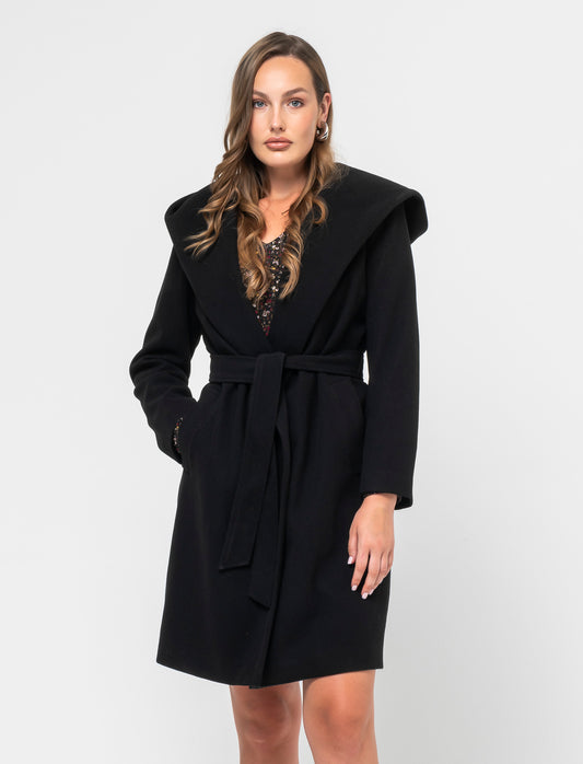 Basic Hooded Coat with Fabric Belt for Women - Black