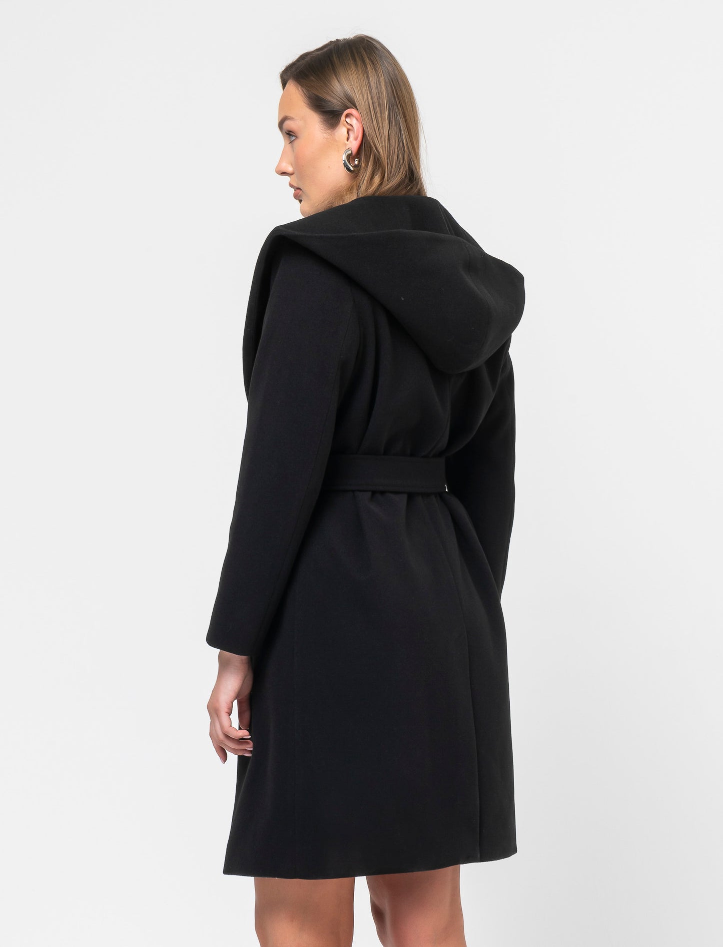 Basic Hooded Coat with Fabric Belt for Women - Black