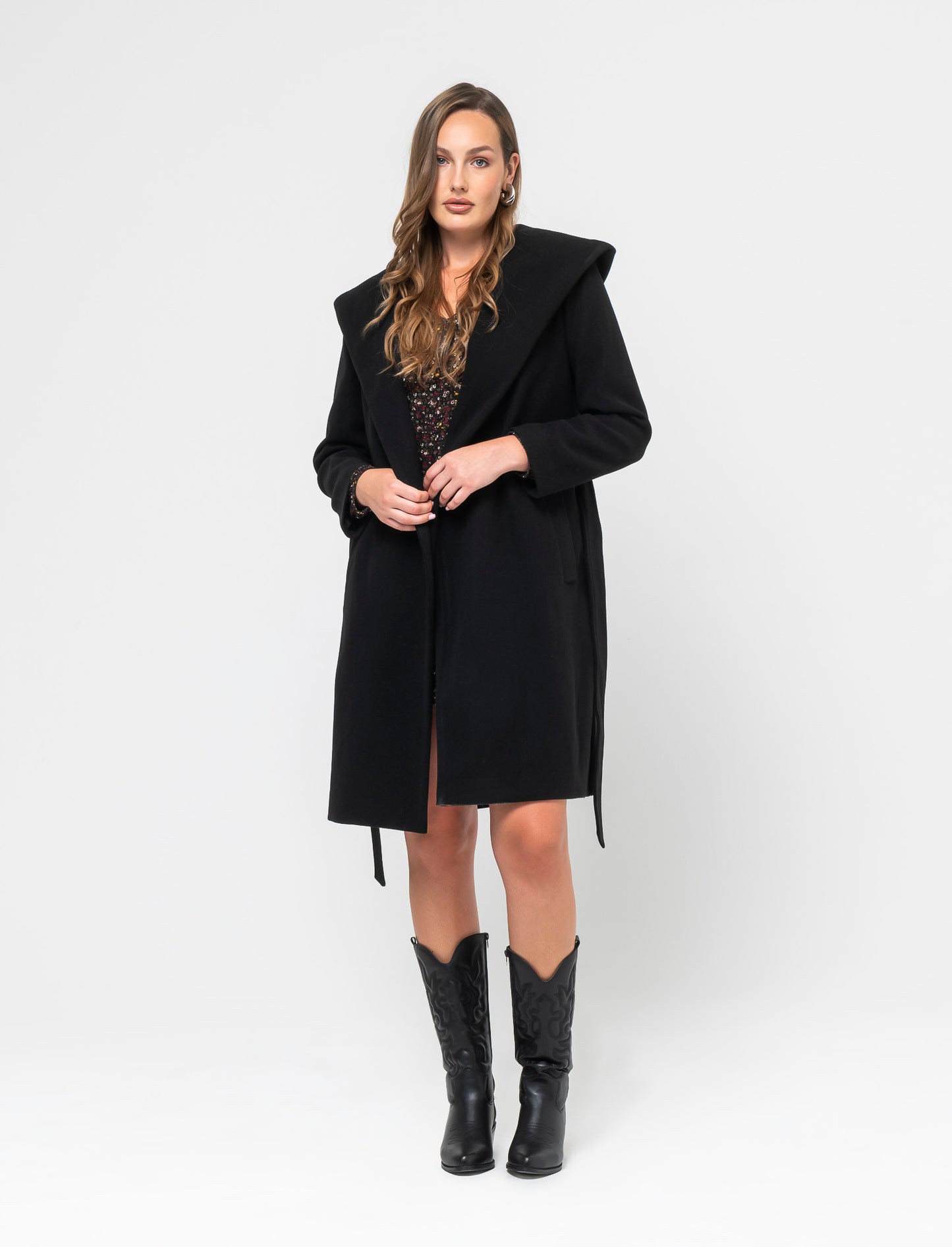 Basic Hooded Coat with Fabric Belt for Women - Black