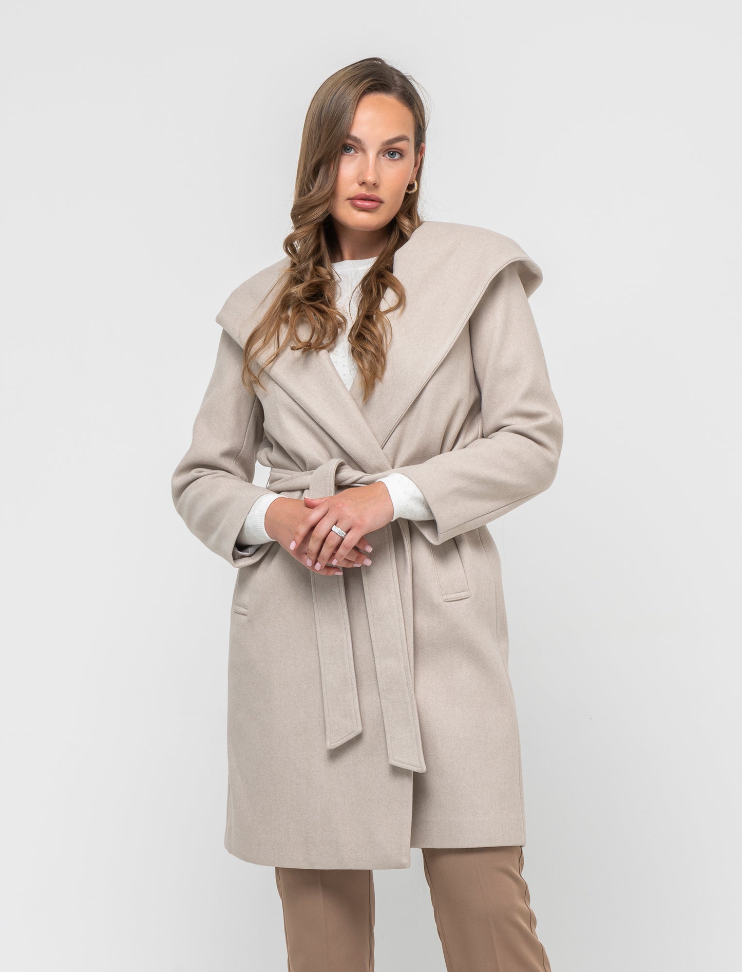 Basic Hooded Coat with Fabric Belt for Women - White