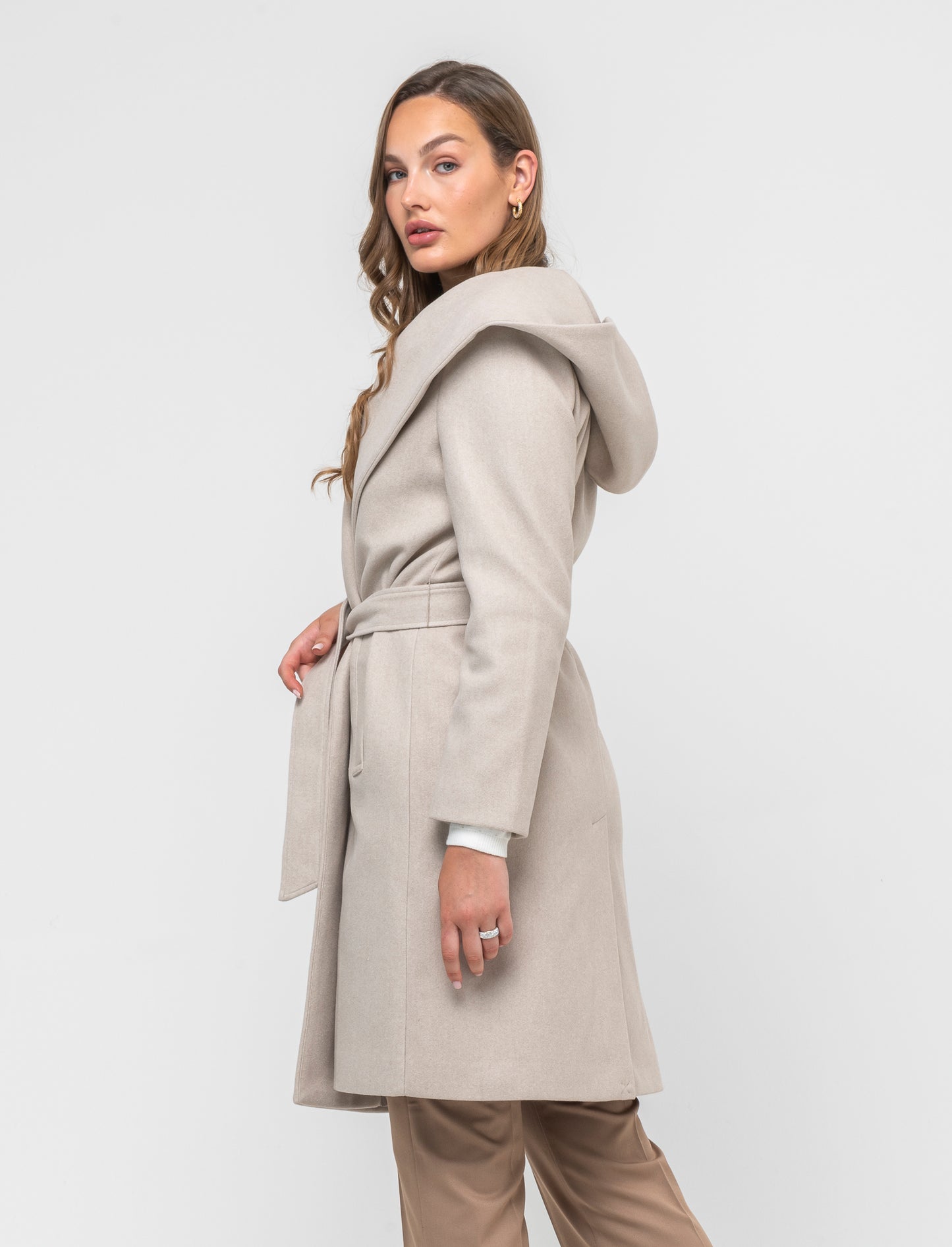 Basic Hooded Coat with Fabric Belt for Women - White