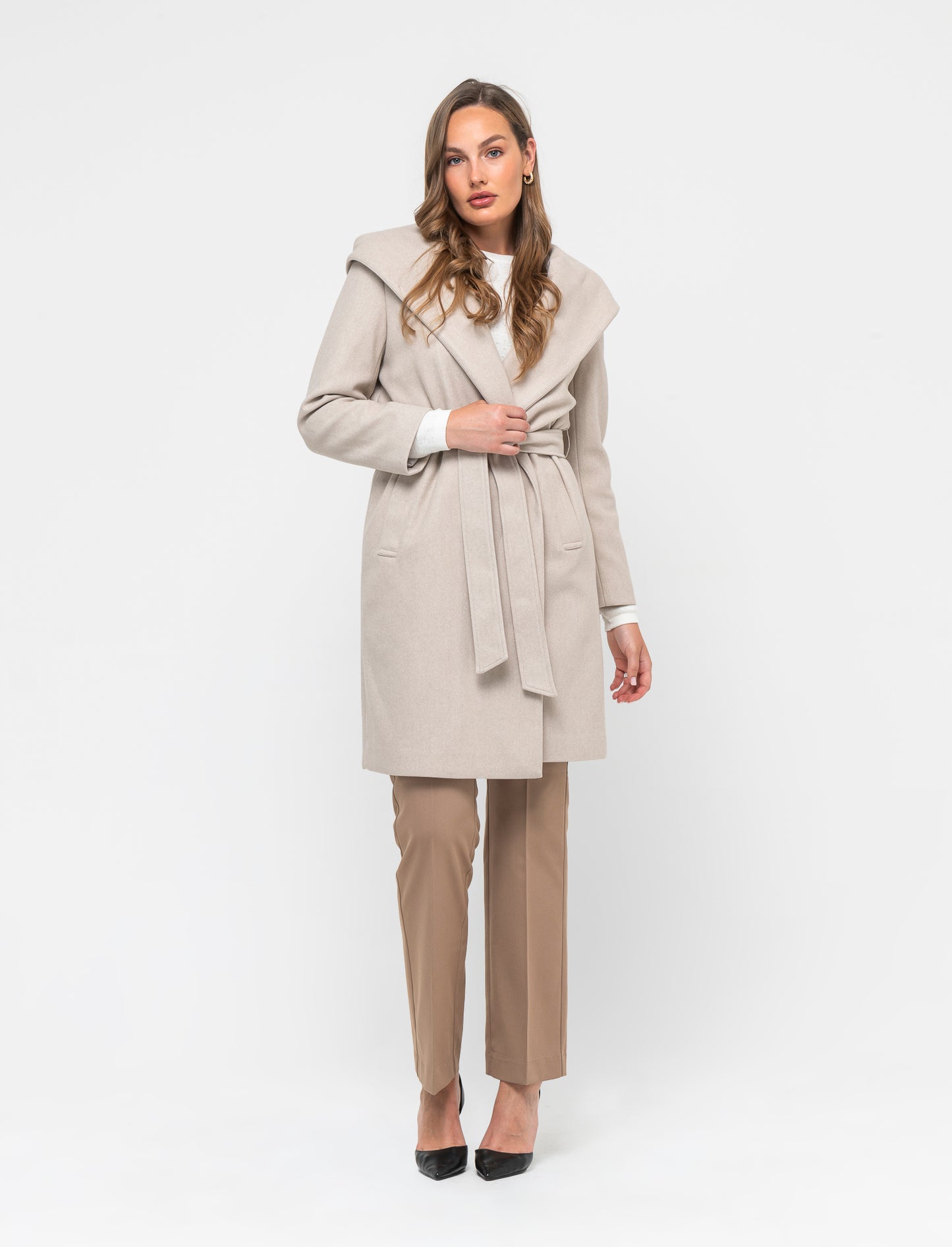 Basic Hooded Coat with Fabric Belt for Women - White