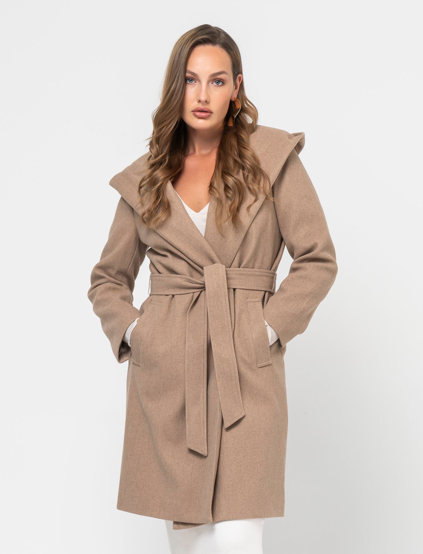 Basic Hooded Coat with Fabric Belt for Women - Beige