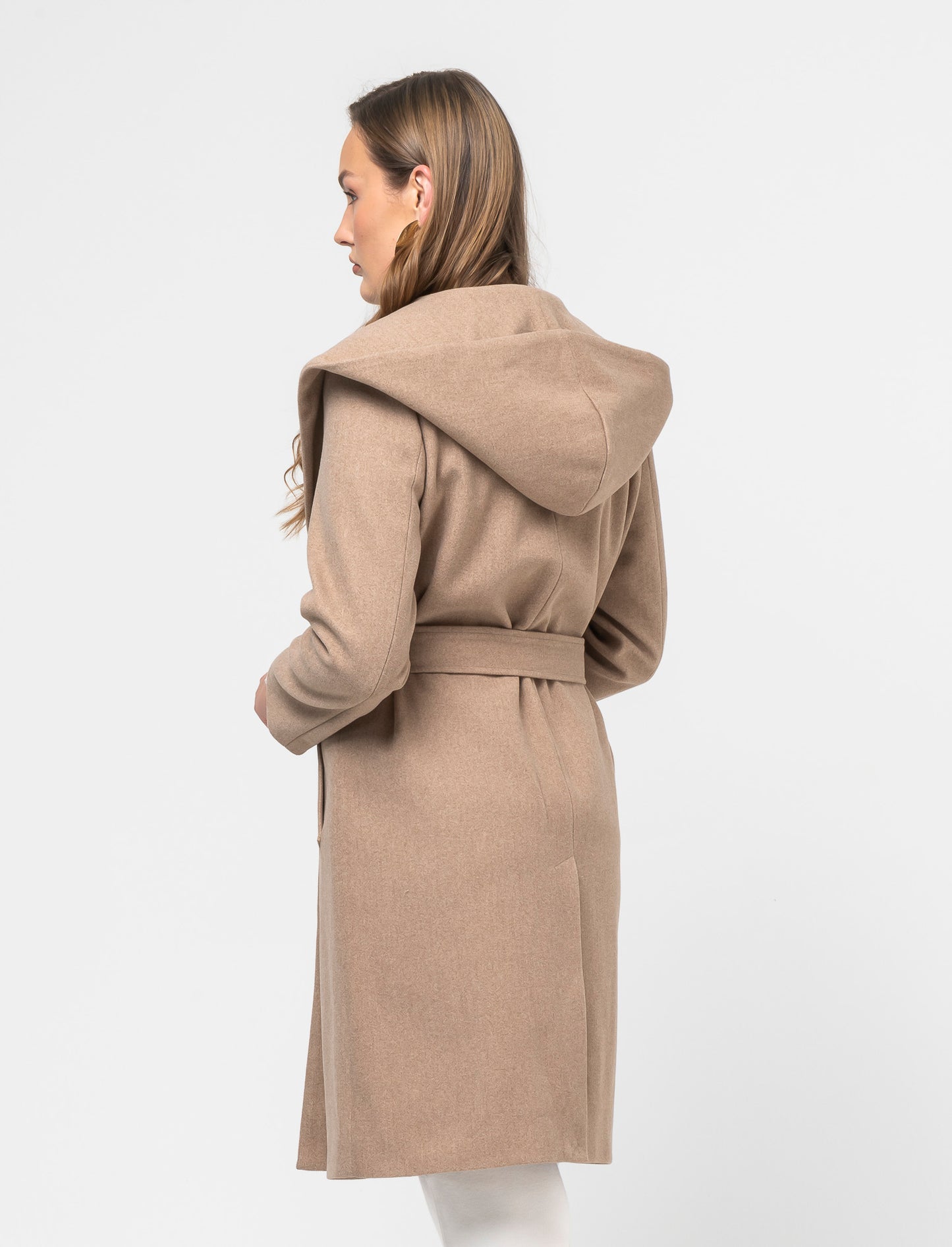 Basic Hooded Coat with Fabric Belt for Women - Beige