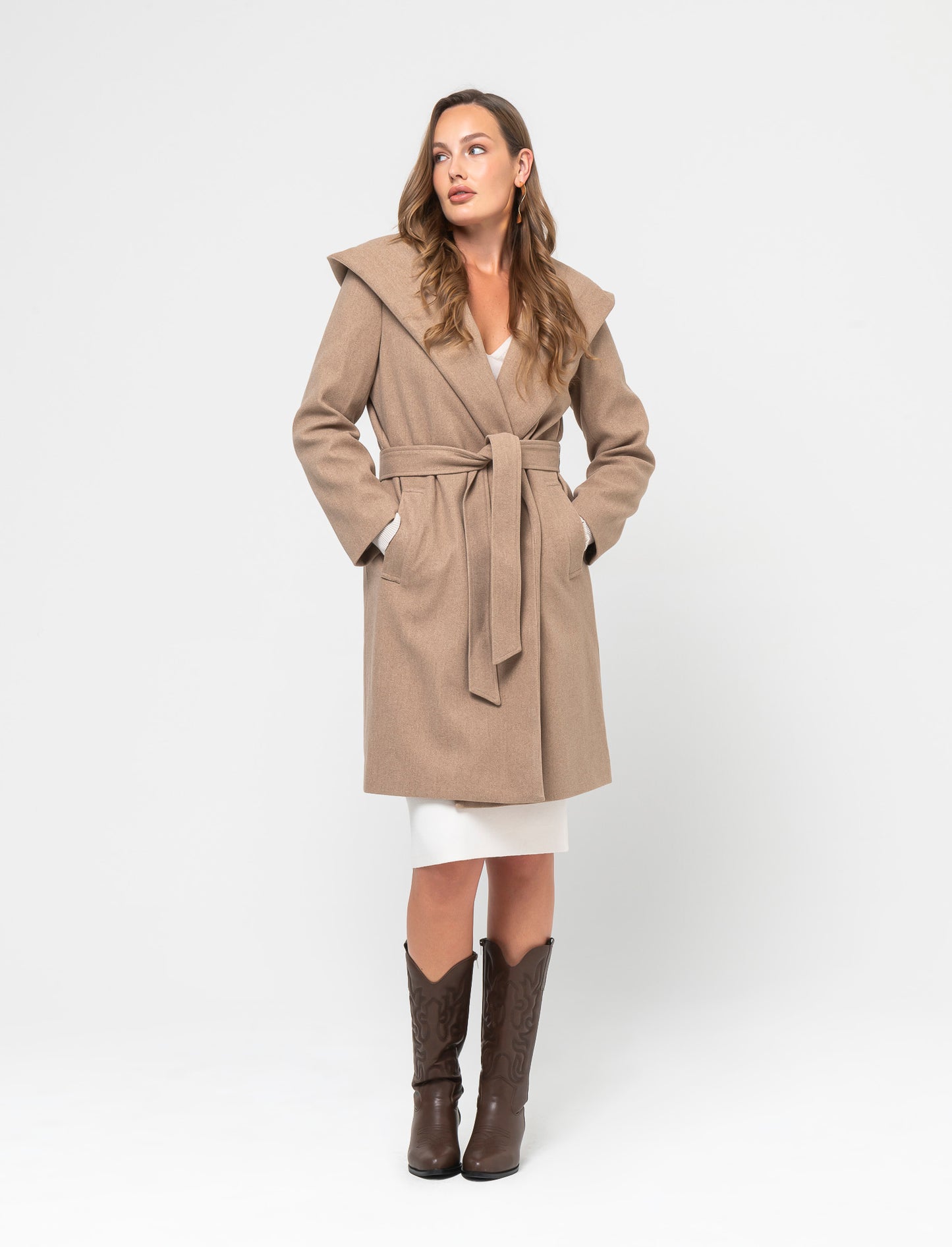 Basic Hooded Coat with Fabric Belt for Women - Beige