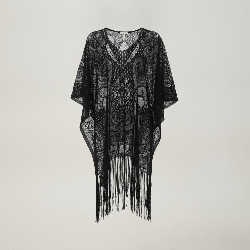 Copricostume di pizzo con frange - Nero