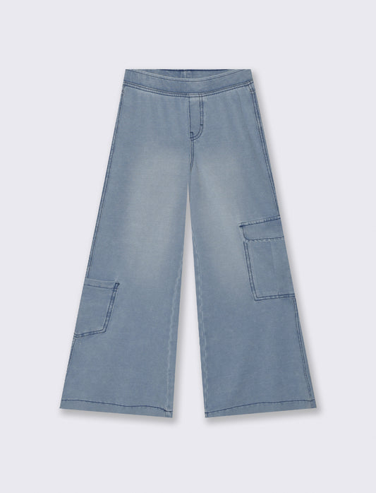 Pantaloni wide leg in finto denim elasticizzato - Denim chiaro