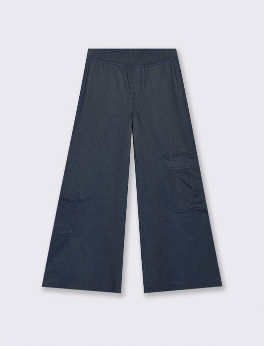 Pantaloni wide leg in finto denim elasticizzato - Denim