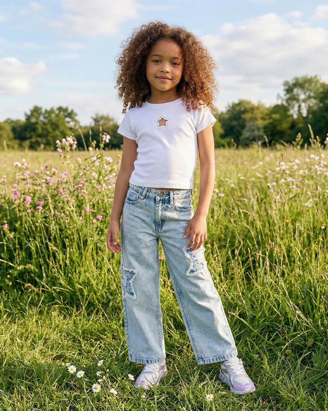 T-shirt in costina con stella e strass - Bianco