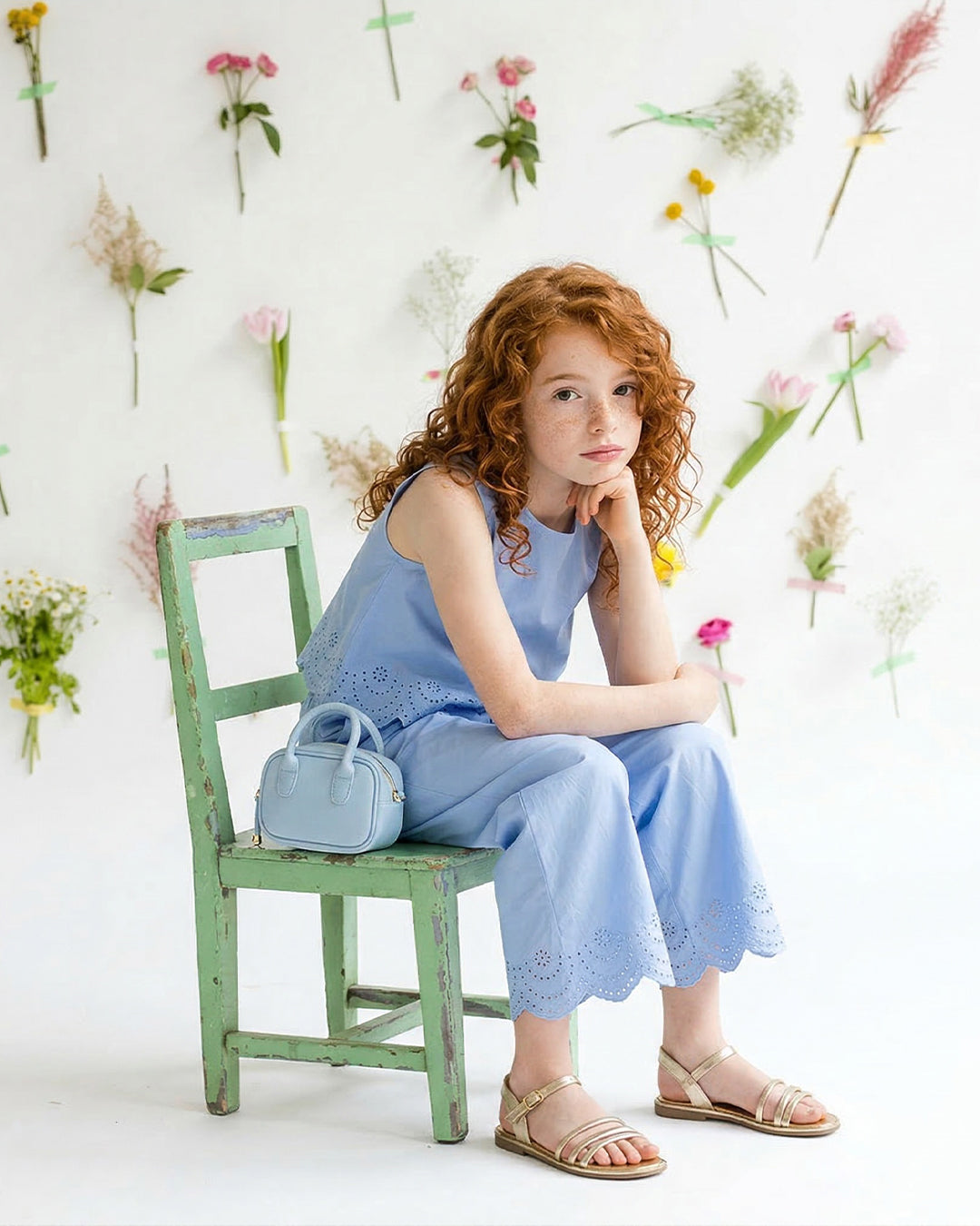 Top in cotone con ricamo elegante - Azzurro
