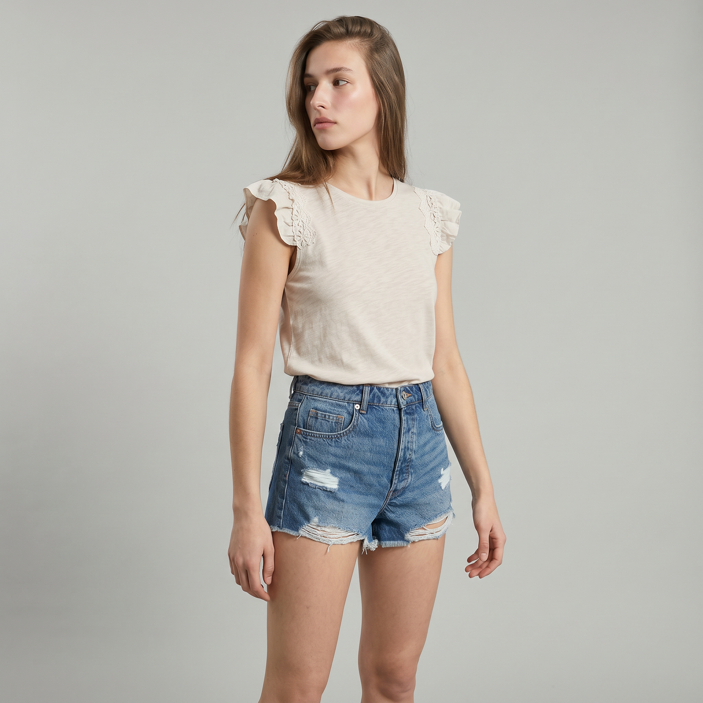Maglia in pizzo con maniche ad aletta - Avorio