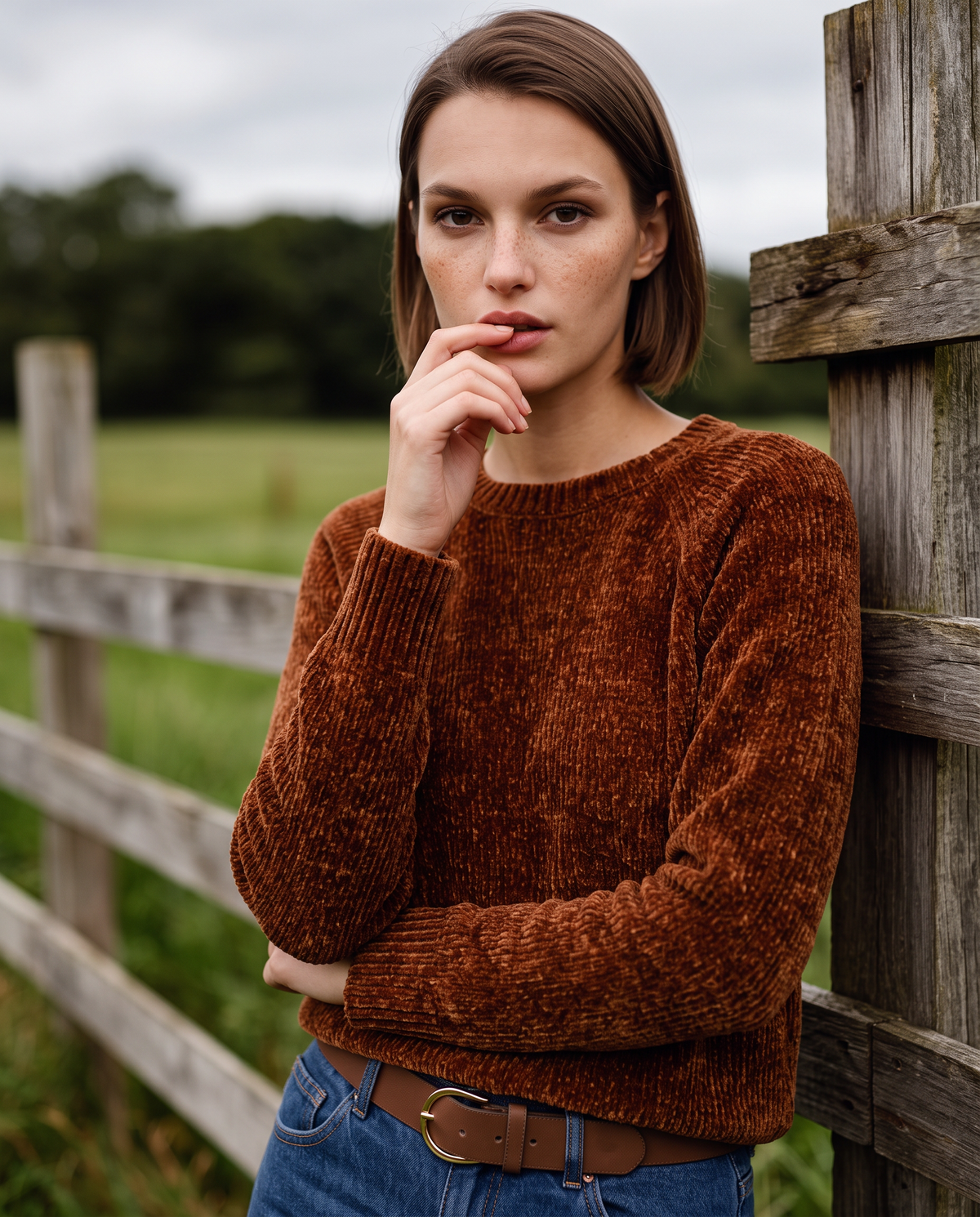 Pullover girocollo in ciniglia basic - Marrone bruciato