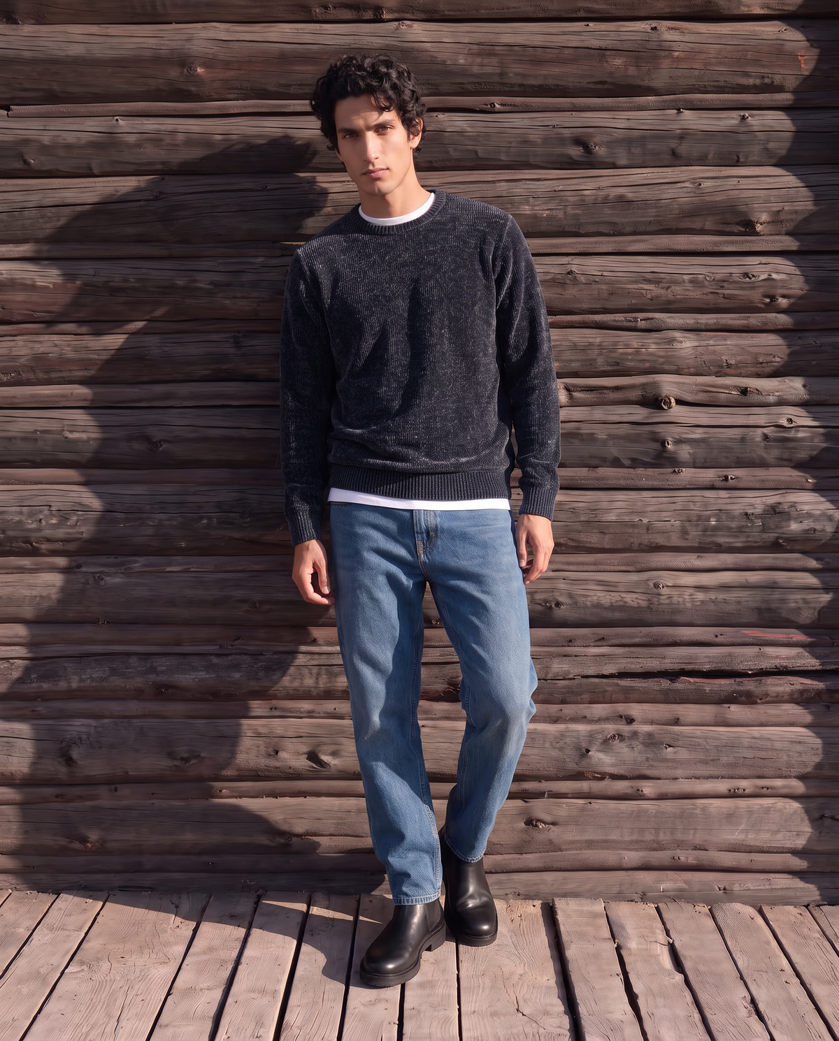 Cropped crew neck velour sweater regular fit - Blue